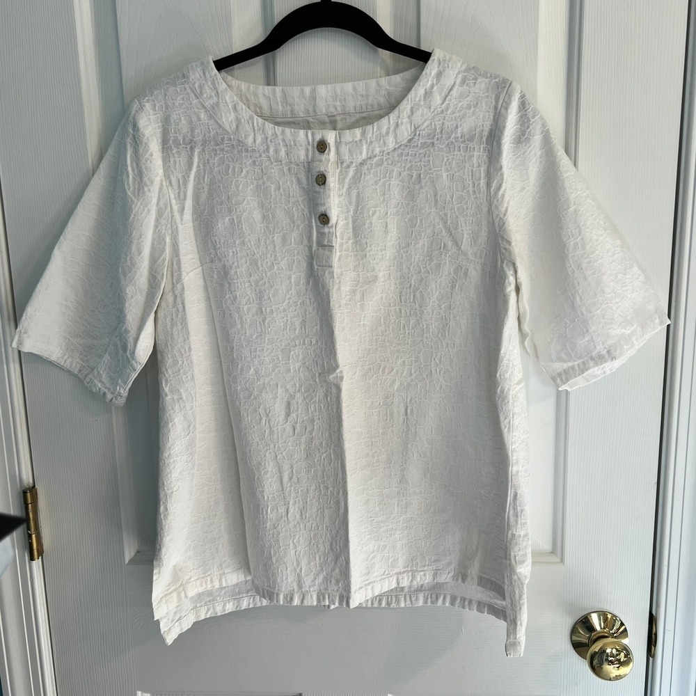 Minbee M White Linen Cotton Blend Henley Blouse Short Sleeve Crinkle Texture